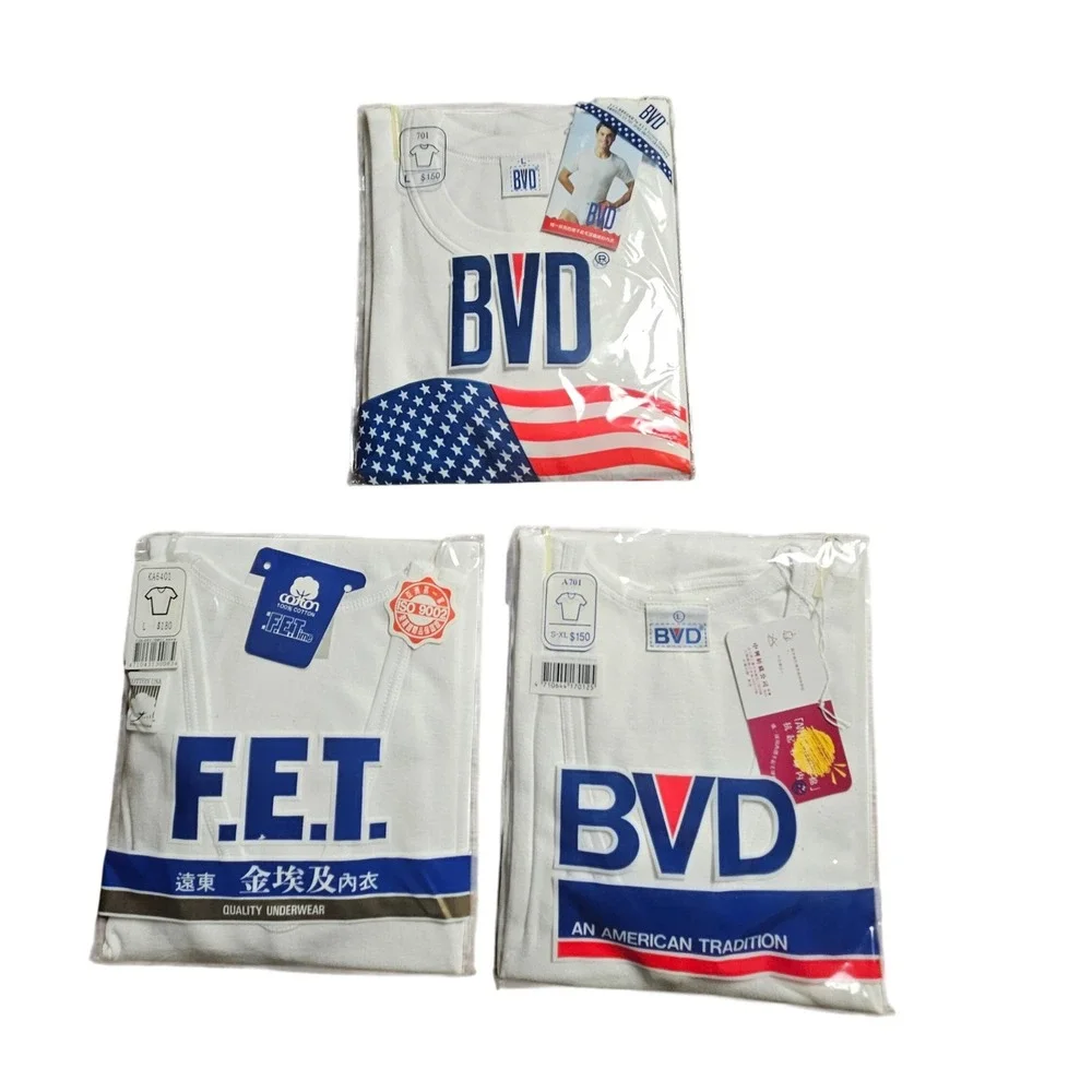 Lot of 3 Vintage BVD and FET White Short Sleeve Shirt L Undershirts Cotton NWT